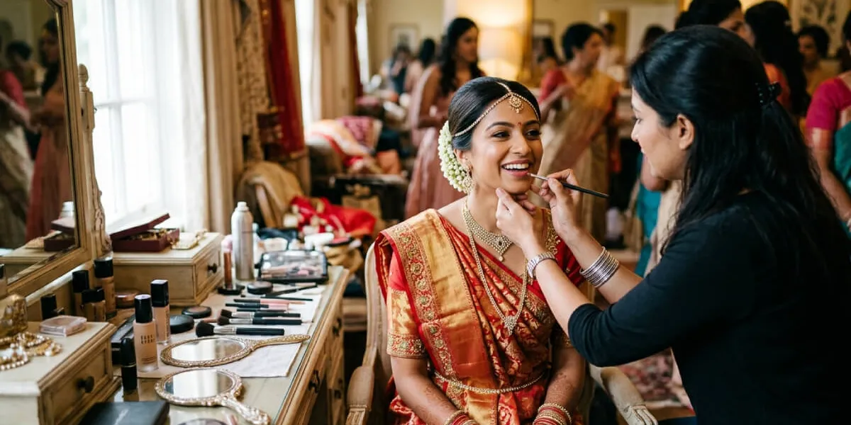 Bridal makeup preparation before wedding day in Ahmedabad