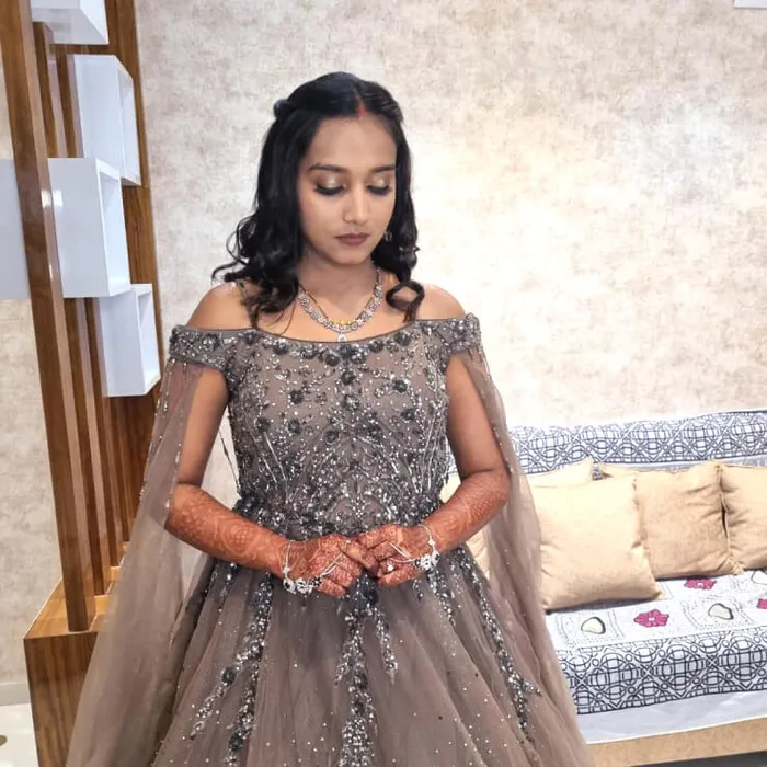Reception party makeup look in grey embellished gown, Megha Makeover & Beauty Salon