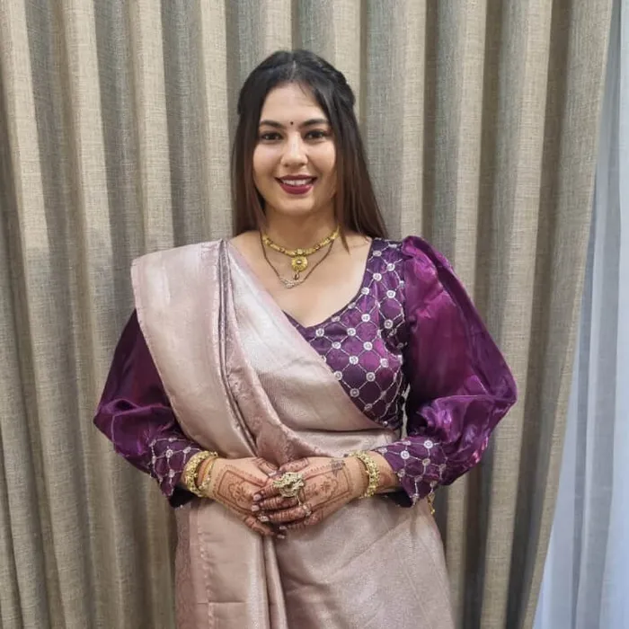 Festive makeup look in purple and beige saree, Megha Makeover & Beauty Salon